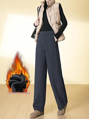 Women's Winter Thickened Velvet Wide-Leg Wool Pants - High Waist Slimming Casual Straight Leg Design.