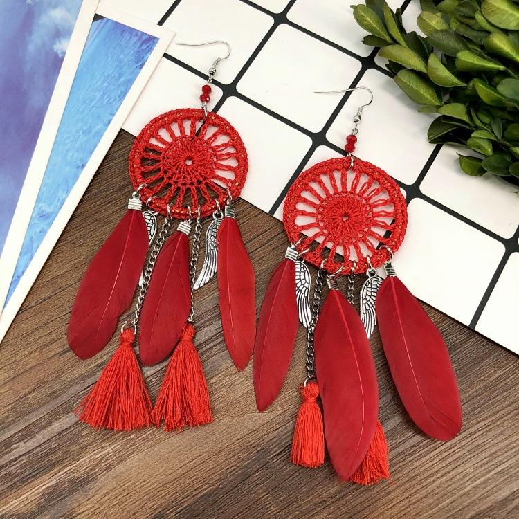 European and Korean Temperament Dream Catcher Element Earrings Female Bohemian Seaside Vacation Feathers Fringed Earrings Versatile Earrings
