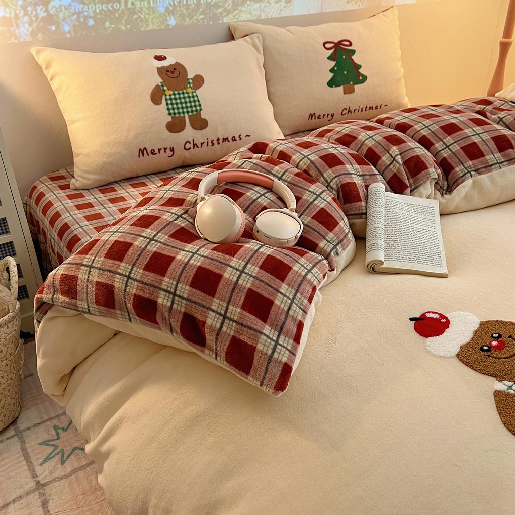 Thickened Milk Fleece Towel Embroidery Four-Piece Set 1.2M Bed Sheet Three-Piece Set, Gingerbread Small