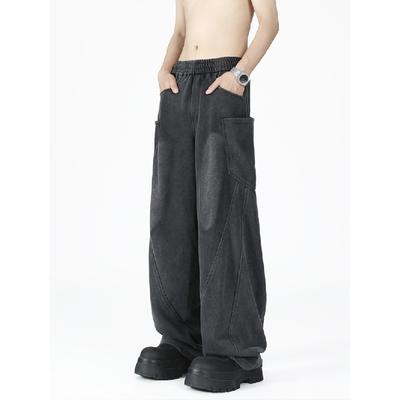 Calças de Moletom Lavadas Desconstruídas Estilo Americano Masculinas Outono e Inverno Design Moderno Casual Calças Retro Minoritárias Pretas de Perna Larga