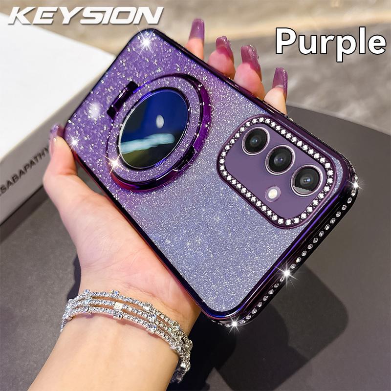

KEYSION Luxury Glitter Jewelled Magnetic Phone Case for Samsung Galaxy S26 Ultra 5G S26+ Makeup Mirror Stand Shockproof Cover for Galaxy S26 фиолетовый