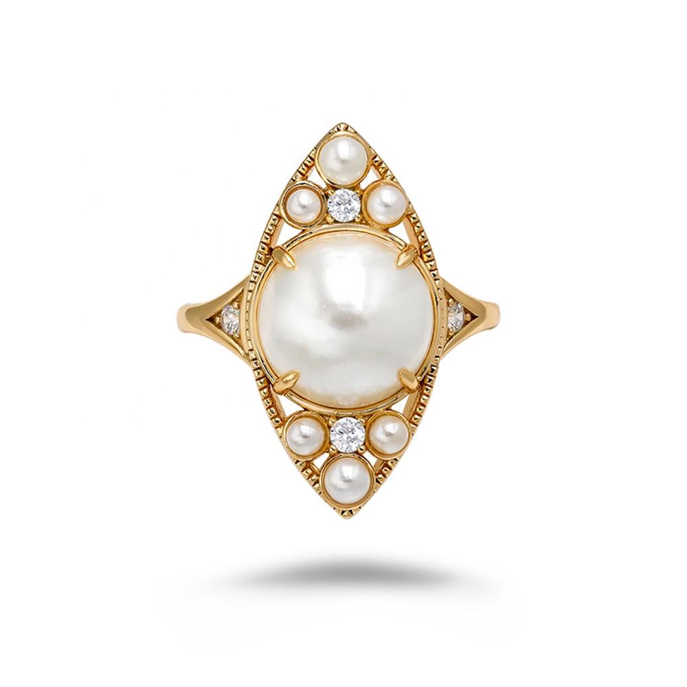 S925 Sterling Silver 14K Gold Plated Ring with Elegant Pearl Luxurious Fashion Jewelry
