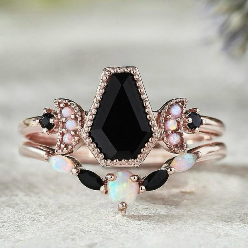 Prachtige Dames Ringen Roségoud Kleur Vierkant Zwarte Steen Maan Ringen Feest Accessoires Cadeau