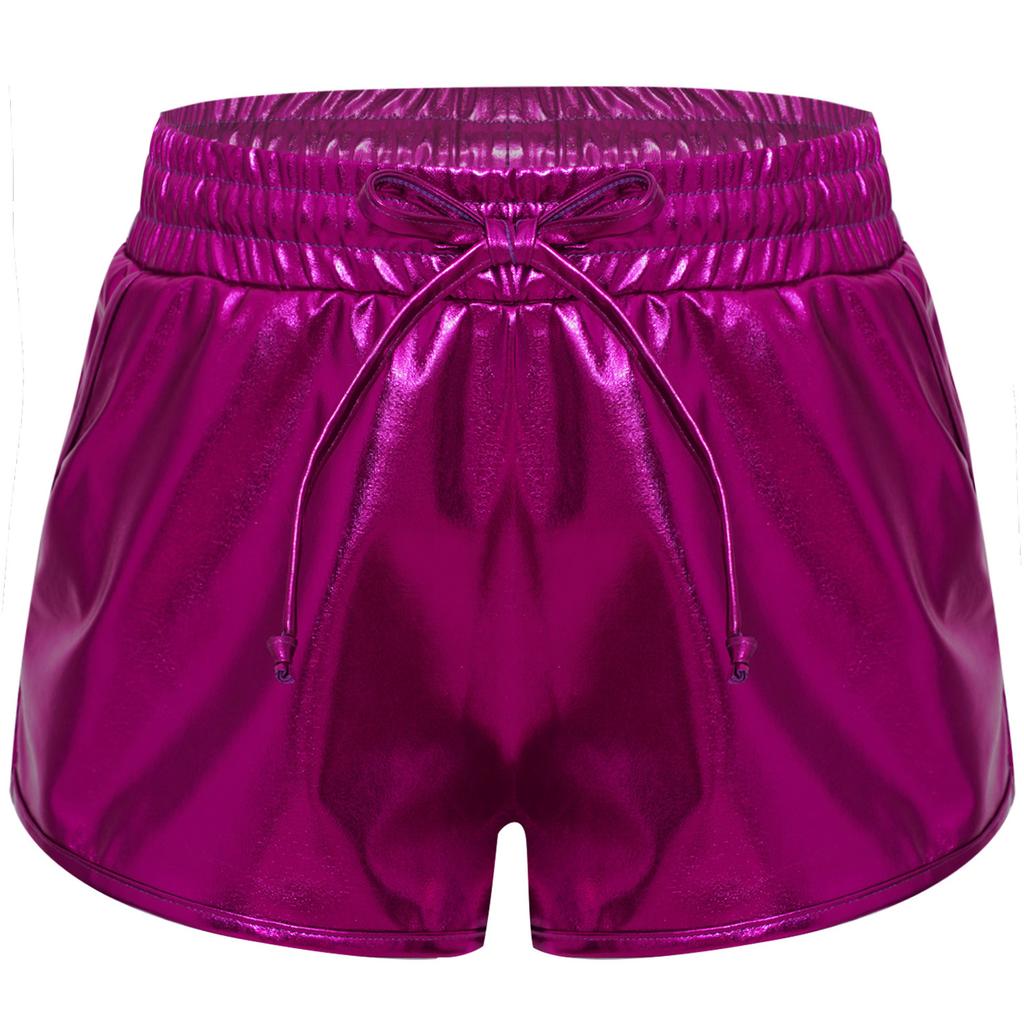 Shorts Metálicos para Niñas Cordón Cintura Elástica Brillo Hot Pants Parte Inferior de Baile Bolsillos Shorts Deportivos