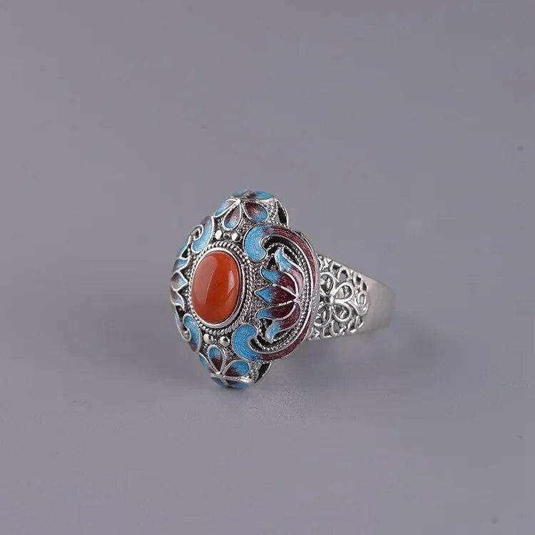 Designer Original Craft Intarsien Emaille Porzellan Lotus Natürlicher Chalcedon Verstellbarer Ring Ethnischer klassischer Damenschmuck