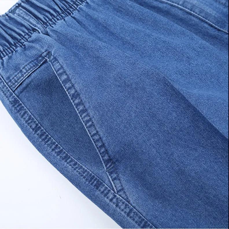 Sommer Dünne Stretch-Taille Jeans für Männer mittleren Alters und ältere Männer Lockere, hoch taillierte, gerade geschnittene Baumwoll-Casual-Jeans