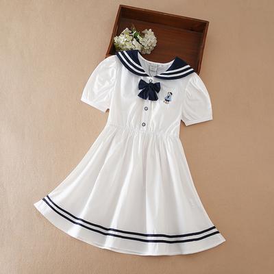 Girls Dress 100% Cotton White Sailor Back To School Dress Suitable for 5-12 Years Old Girls Short Sleeved Summer Dresses