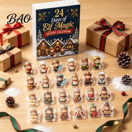 Cute Cartoon Elf Collectibles Magic Advent Calendar, 24 Day Acrylic 2D Ornament Set with Desktop Festive Holiday Decor Mini Figures, Christmas