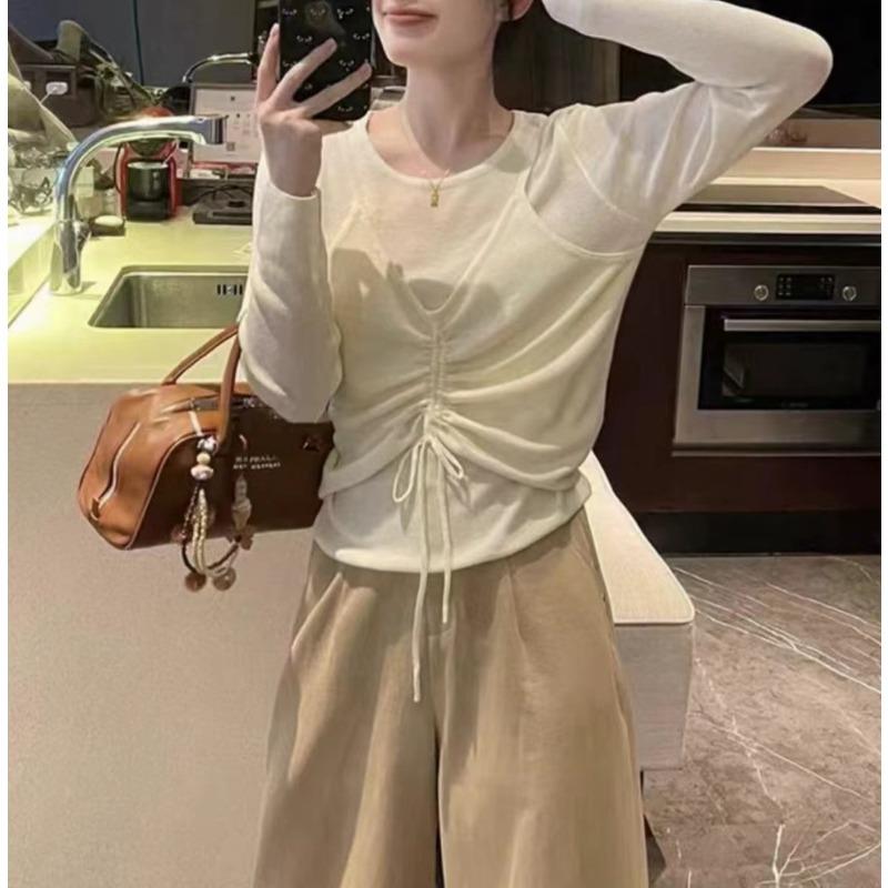 

Crew neck fake two-piece knitted sweater women s autumn new design sense gentle drawstring versatile bottoming shirt women One Size