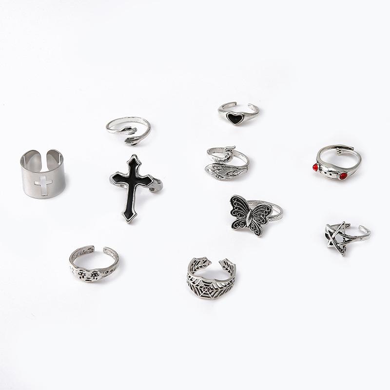 New Exaggerated Oil Cross Frog Peacock Butterfly Crying Face Ring 10-piece Set