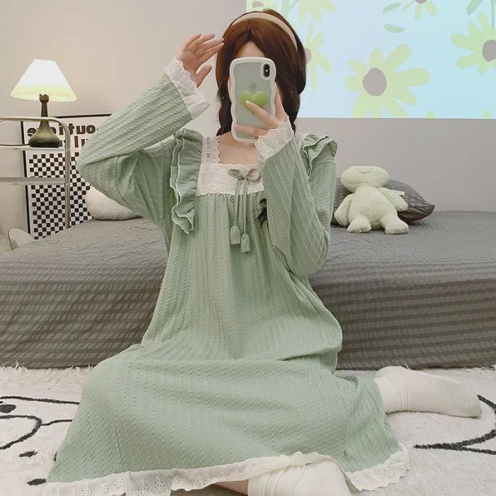 6535 Jacquard Cotton Pajamas - Women's Sweet Long-Sleeve Mid-Length Nightdress, Plus Size (Up To 220 Lbs) for Spring & Autumn