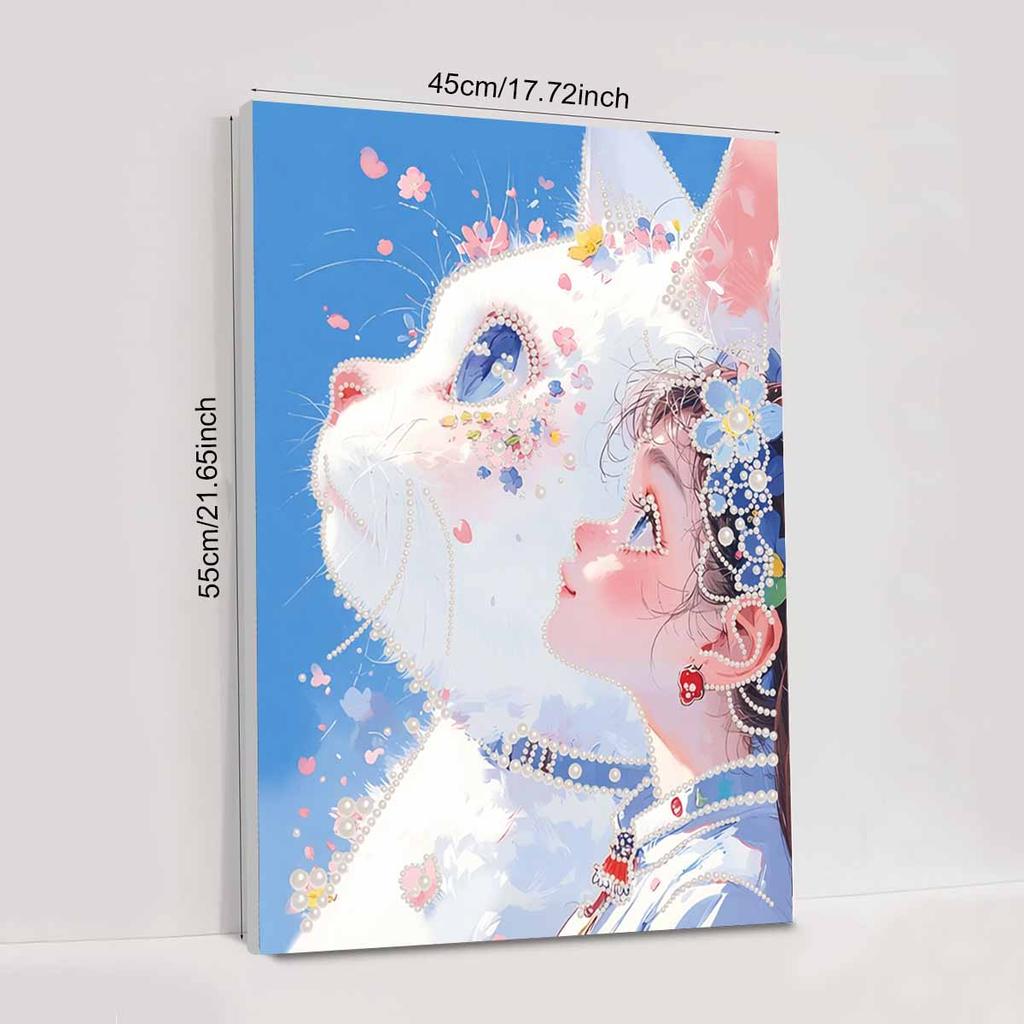 Crystal Pearl Painting 5D DIY Frame Decoration Painting White Cat Home Wall Decoration Transparent Pearl Gemstone Painting Picture Art Crafts