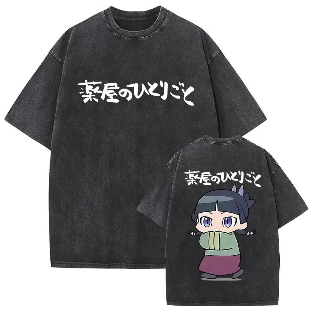 Stylowy Retro Spłowiały Czarny Pamiętniki Aptekarza Maomao i Jinshi Kwiatowy Anime Grafika Luźny Bawełniany T-shirt