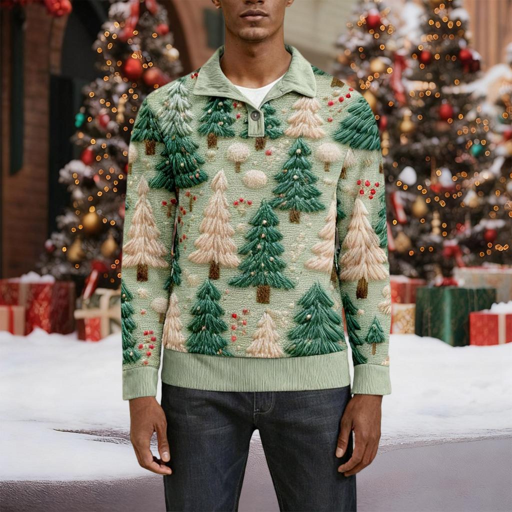 Erkek Noel Pamuklu Kazak Uzun Kollu Dış Giyim Gömleği Vintage Kadife Düğmeli Dik Yaka Gömlek Günlük Sweatshirt Noel Baskılı Üst