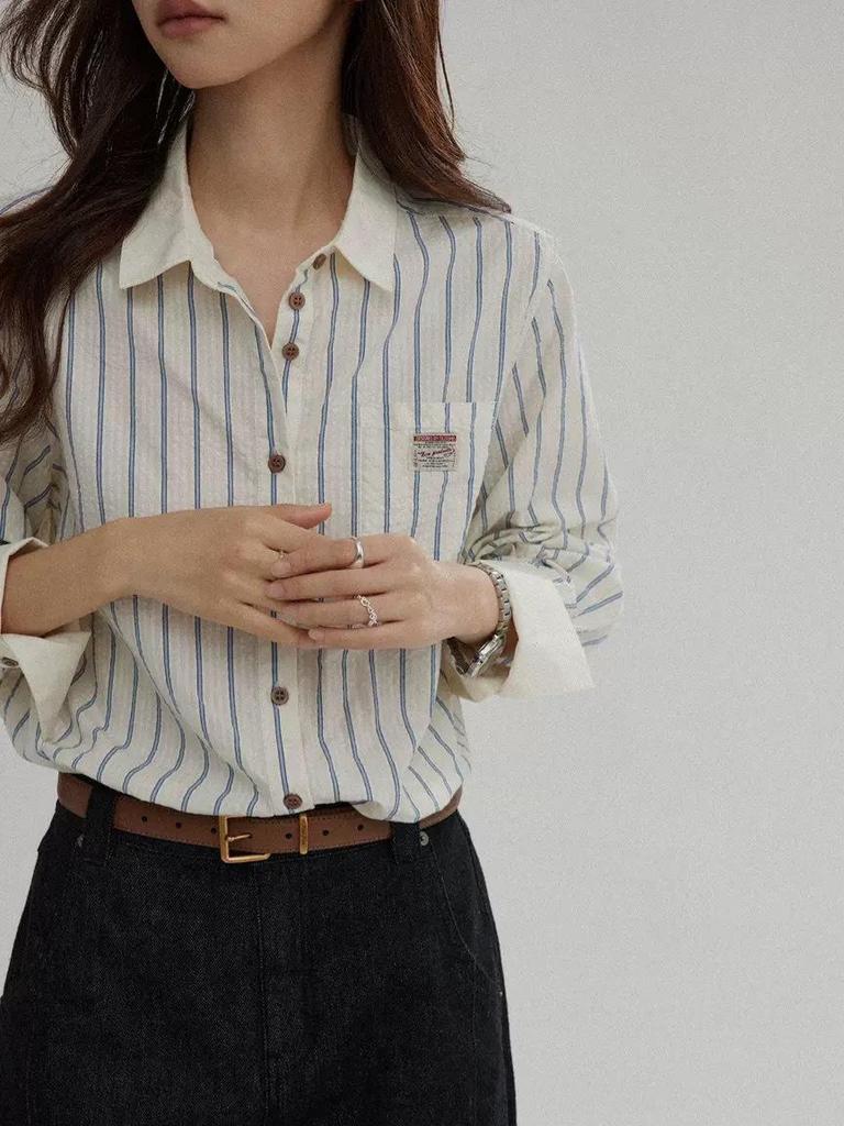 Women's Spring Color Block Striped Shirt - French Retro College Style