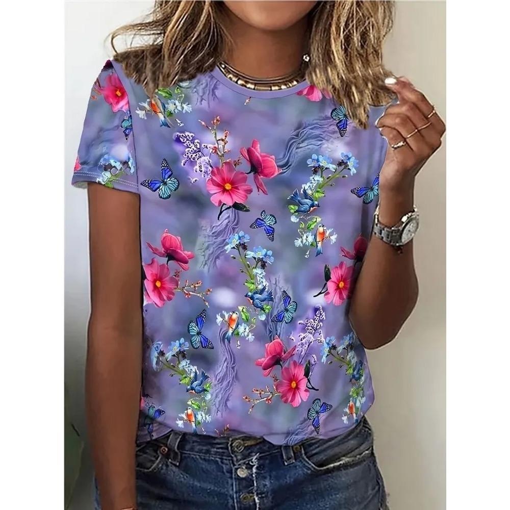 Sommer Mode T-Shirt Blume 3D Gedruckt Kurzärmeliges T-Shirt Modisch Bequem Weich Atmungsaktiv Groß Locker Damen T-Shirt