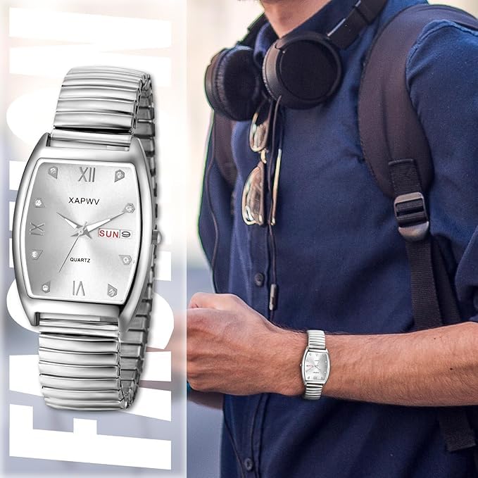 Stylish Silver Couple's Watches, One Size Fits All: Analog Display, Day of the Week Calendar, Stainless Steel Quartz Movement, Leisure, Business,