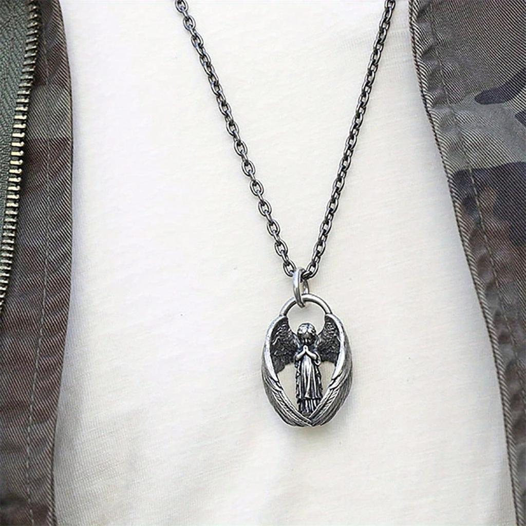 Angel Wing Prayer Oval Pendant Necklace Roman and Greek Statues for Women Fashionable Guardian Angel Charm Silver-Tone Chain Jewelry Accessory