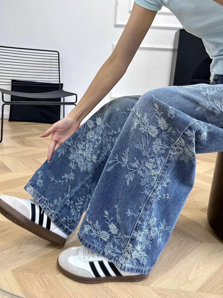 Dámské podzimní široké džíny s žakárovou výšivkou - Volný střih, délka až na zem pro postavu hrušky