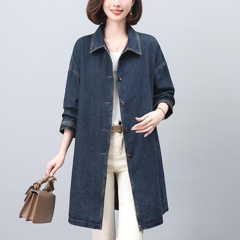 

Женская джинсовая куртка 2024 года: Средняя длина, свободный крой, большие размеры на весну и осень XL (140-160 jin) джинсовый синий