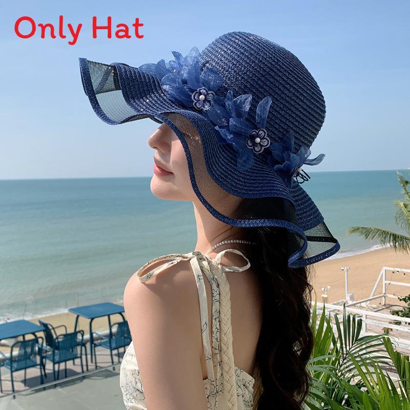 Summer Pearl Floral Straw Hat With Wide Brim For Outdoor Travel Sun Protection