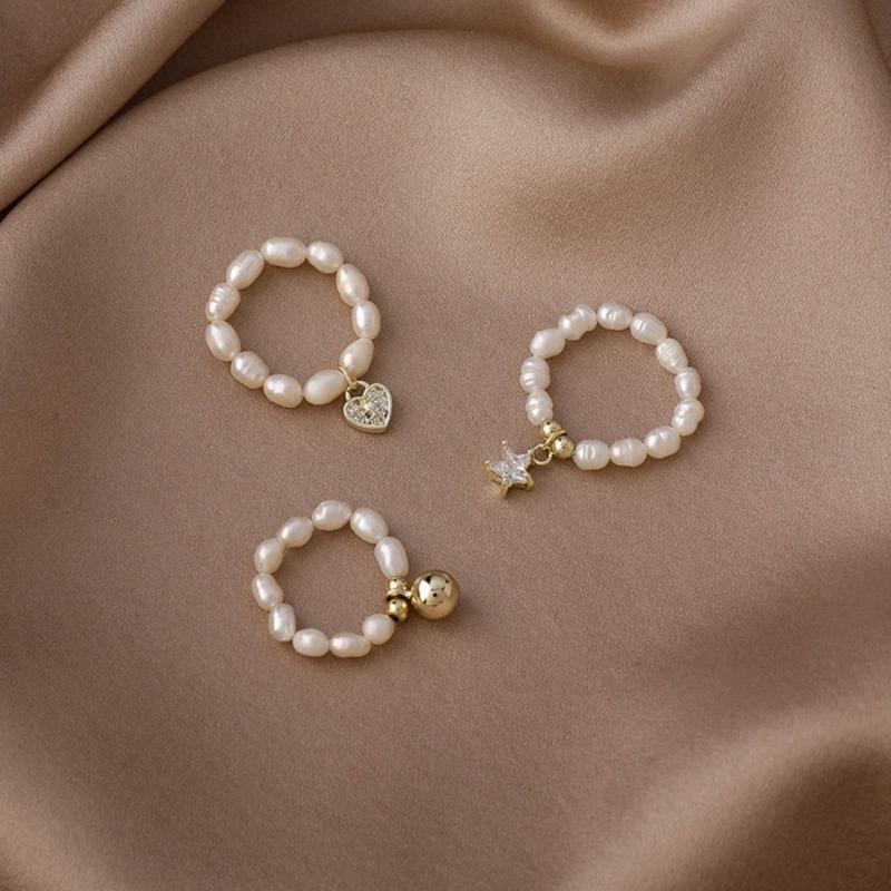 Multi-Beaded Heart Star Pearl Rings Natural Freshwater Pearl Geometric Rings for Women Minimalist Stacked Party Rings
