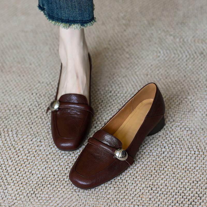 2024 Early Autumn 3cm Retro Soft Leather Mary Jane Small Leather Shoes 2024 Summer and Autumn New Mid-heel One-pedal Loafers
