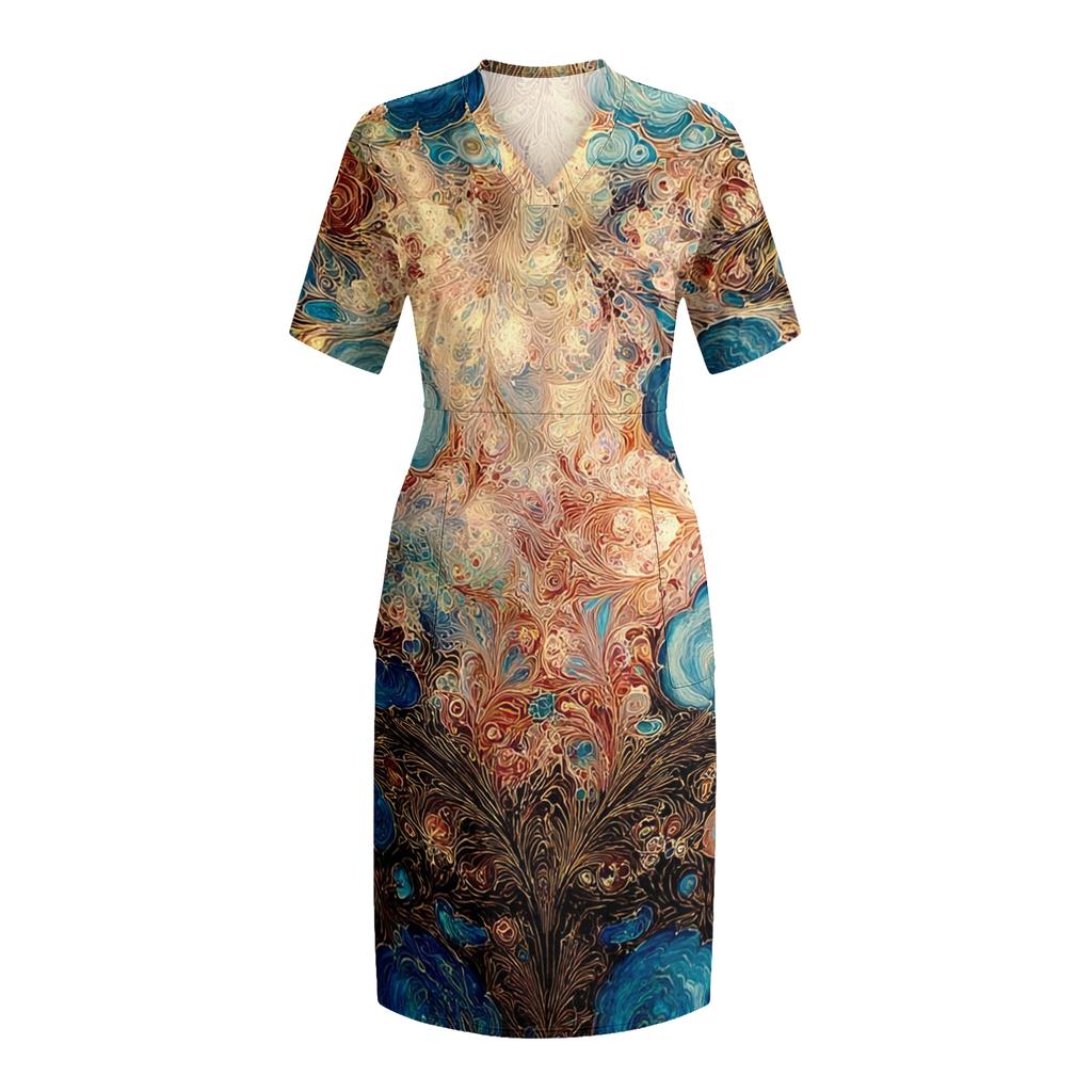 Summer Plus Size V Neck Short Sleeve Knee Pocket  Print Casual Dress For Women