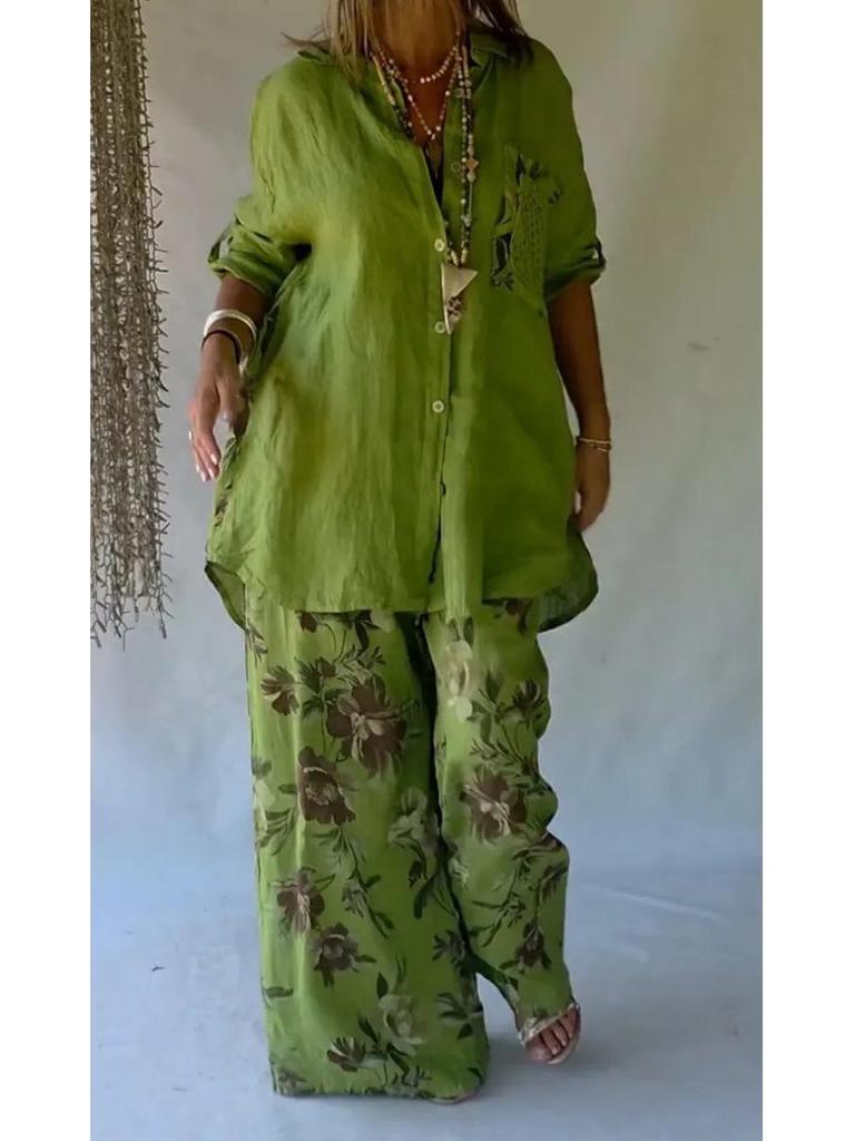 Spring Women's Floral Print Mid-Length Sleeve Top & Long Pants Set 2026