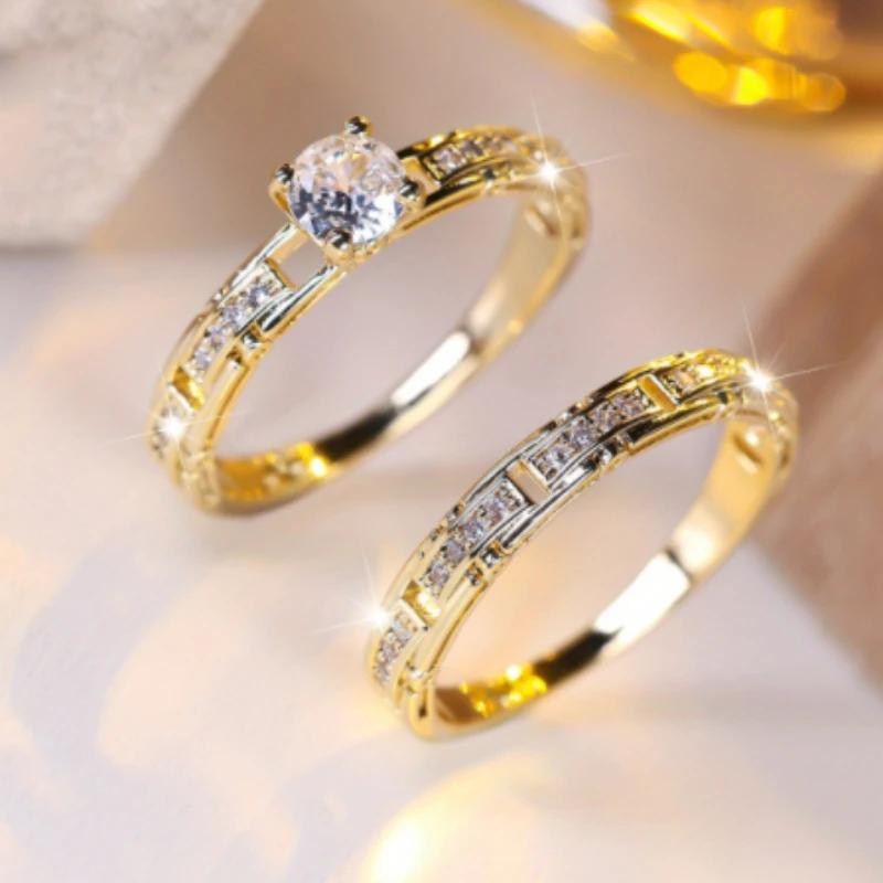 Fashion Sparkling Inlaid Zirconia Geometric Double Layer Ring Ladies Trend Wedding Party Jewelry Gift