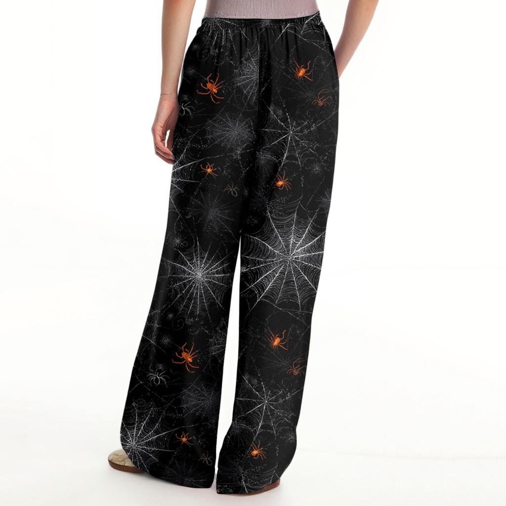Ladies' Loose And Casual Halloween Printed Wide Leg Pants With Elastic Waistband Drawstring And Pocket Pants