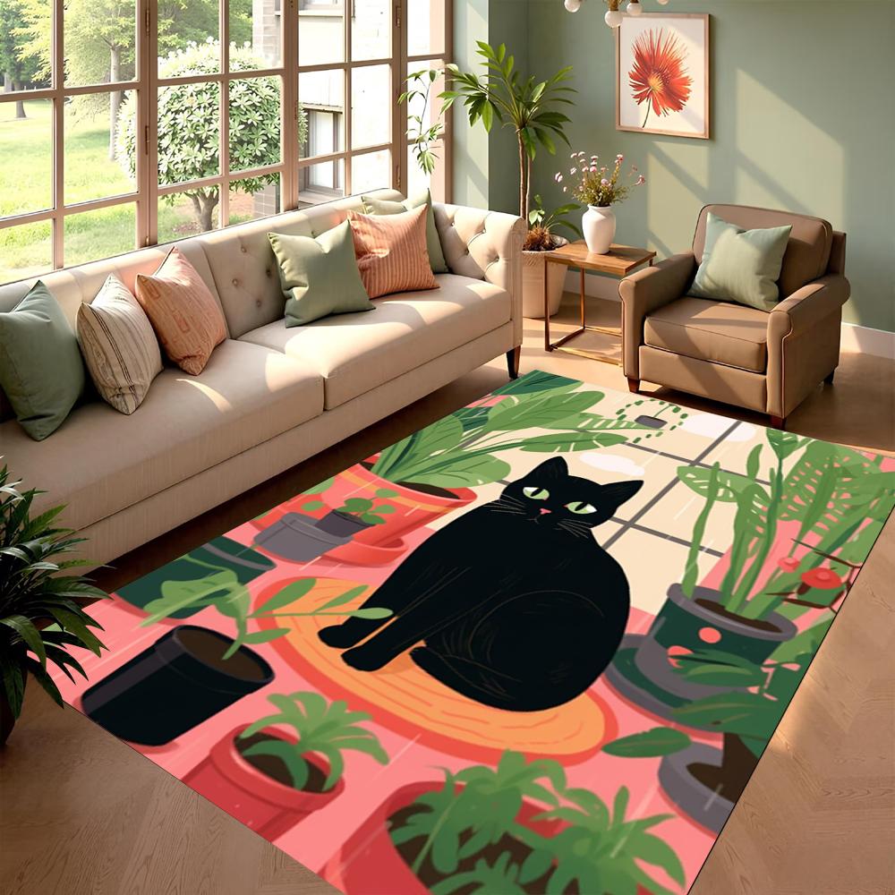 Tappeto con Fantasia Gatti Carini Stile Ins Tappeto Colorato con Stampa Gatti e Piante Decorazione Moderna per la Casa Tappetino Antiscivolo per Soggiorno Camera da Letto