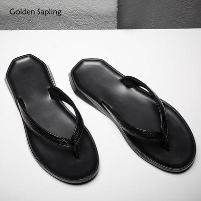 Fashion Golden Sapling Flip Flops Men's Slippers Genuine Leather Flats Casual Business Shoes Men Leisure Beach Flip Flop Party Slides