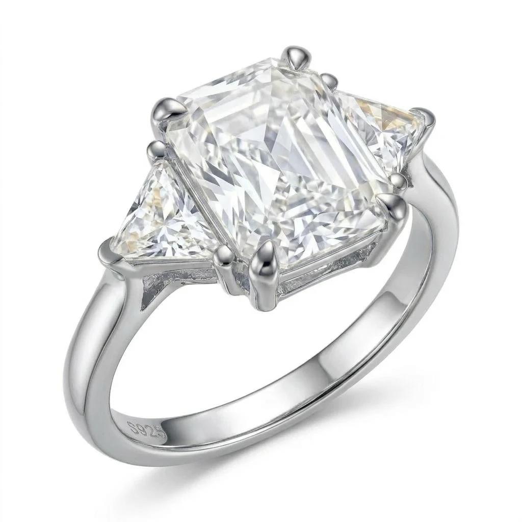 18K Gold Plated S925 Silver Emerald Cut Three Stone Moissanite Ring Triangle Side Stone Band Engagement Wedding Ring for Women