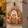 Autumn Theme Sign Halloween Wooden Hanging Sign, Happy Door with Gnomes/Ghosts, Retro Festive Window Harvest Festival Wall Decoration for Home
