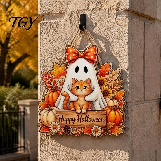 Autumn Theme Sign Halloween Wooden Hanging Sign, Happy Door with Gnomes/Ghosts, Retro Festive Window Harvest Festival Wall Decoration for Home