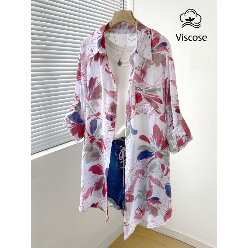Women's Printed Long Sleeve Blouse Viscose Loose Fit Single-Breasted Cardigan