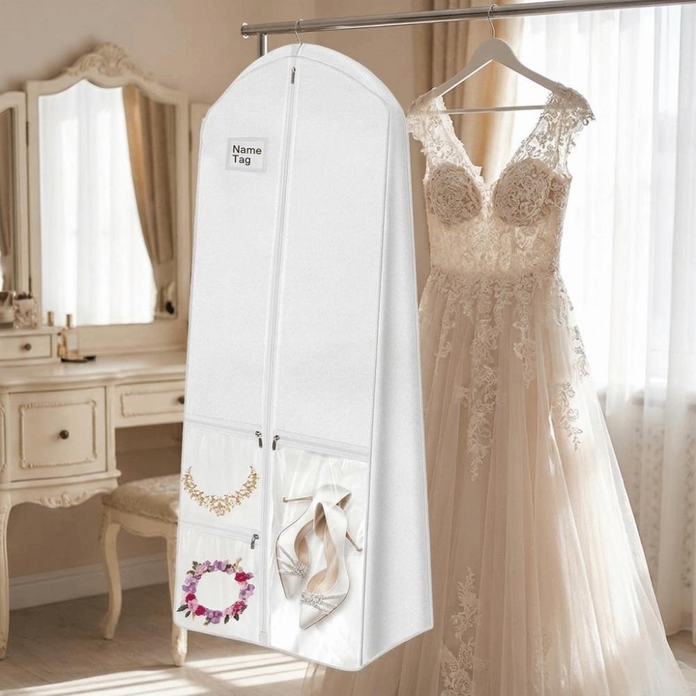 Folding Wedding Dress Garment Bag Non-Woven Large Capacity Gusseted Dress Bags Dust-Proof with Shoe Pockets Travel Garment Bag