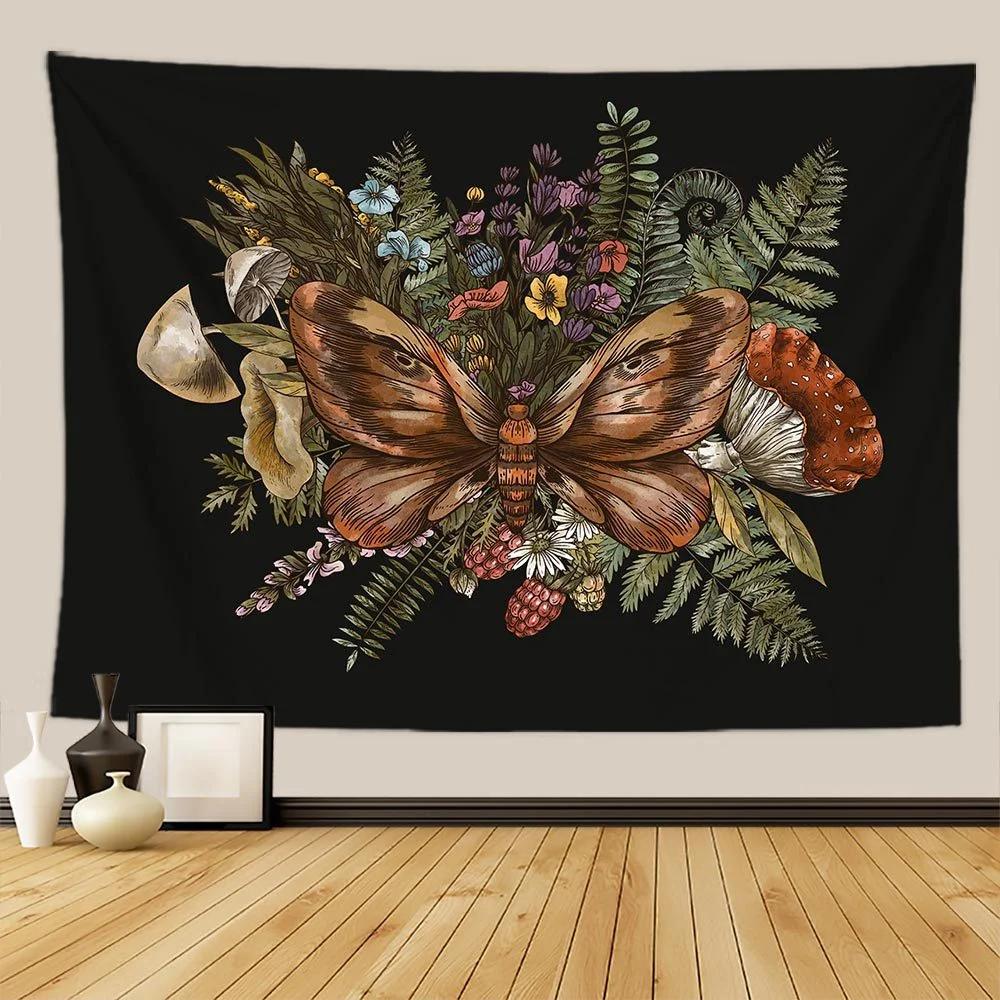 Botanischer Druck Florales Wandbehang Pilz-Wandteppich Vintage Boho Wildblumen Gemüse-Wandteppich Bunte Heimdekoration