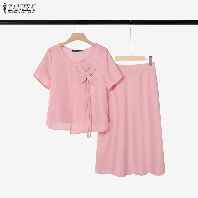 ZANZEA Two Piece Suit Women Short Sleeve Tops and Midi Pleated Skirts Elegant Sets
