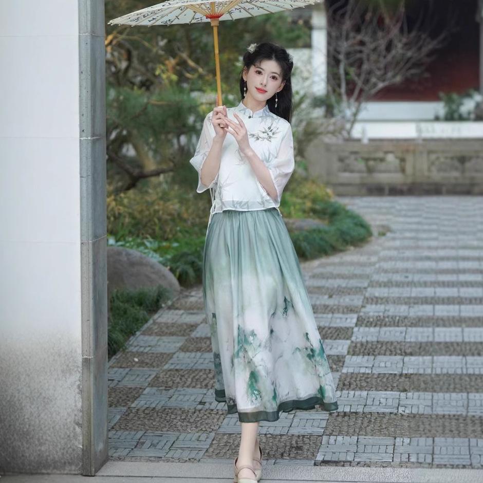 Chinese Style Retro Stand Collar Print Tang Suit Hanfu Cheongsam Top & Tea Suit Set