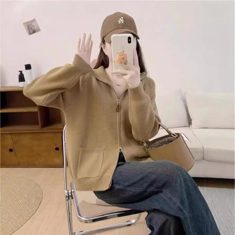 Autumn and winter new women's loose solid color zipper cardigan versatile casual thickened polo neck sweater jacket