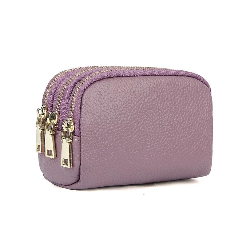 Women's Genuine Leather Three-Zipper Coin and Key Clutch