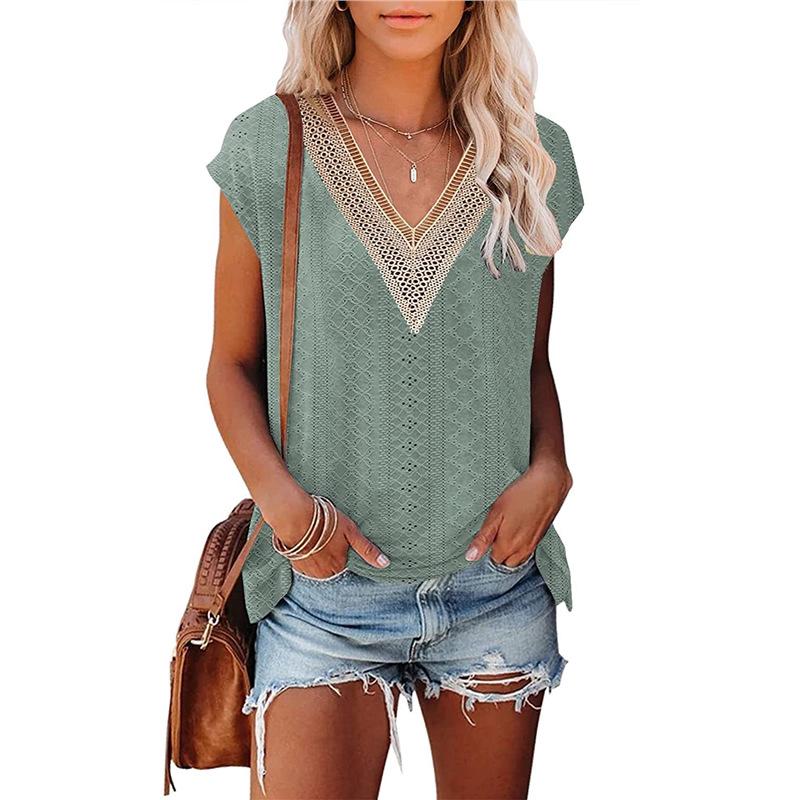 

2023 Summer Women s V-Neck Hollow Out Lace Patchwork T-Shirt L темно-зелений колір