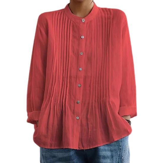 Women Shirt Pure Color Stand Collar Long Sleeve Single-Breasted Button Casual Tops Work