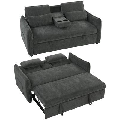 Sofa Bed 2 Seater 3 In 1 with Auxiliary Table Cup Holder Adjustable Backrest Side Pockets 2 Pillows Dark Grey