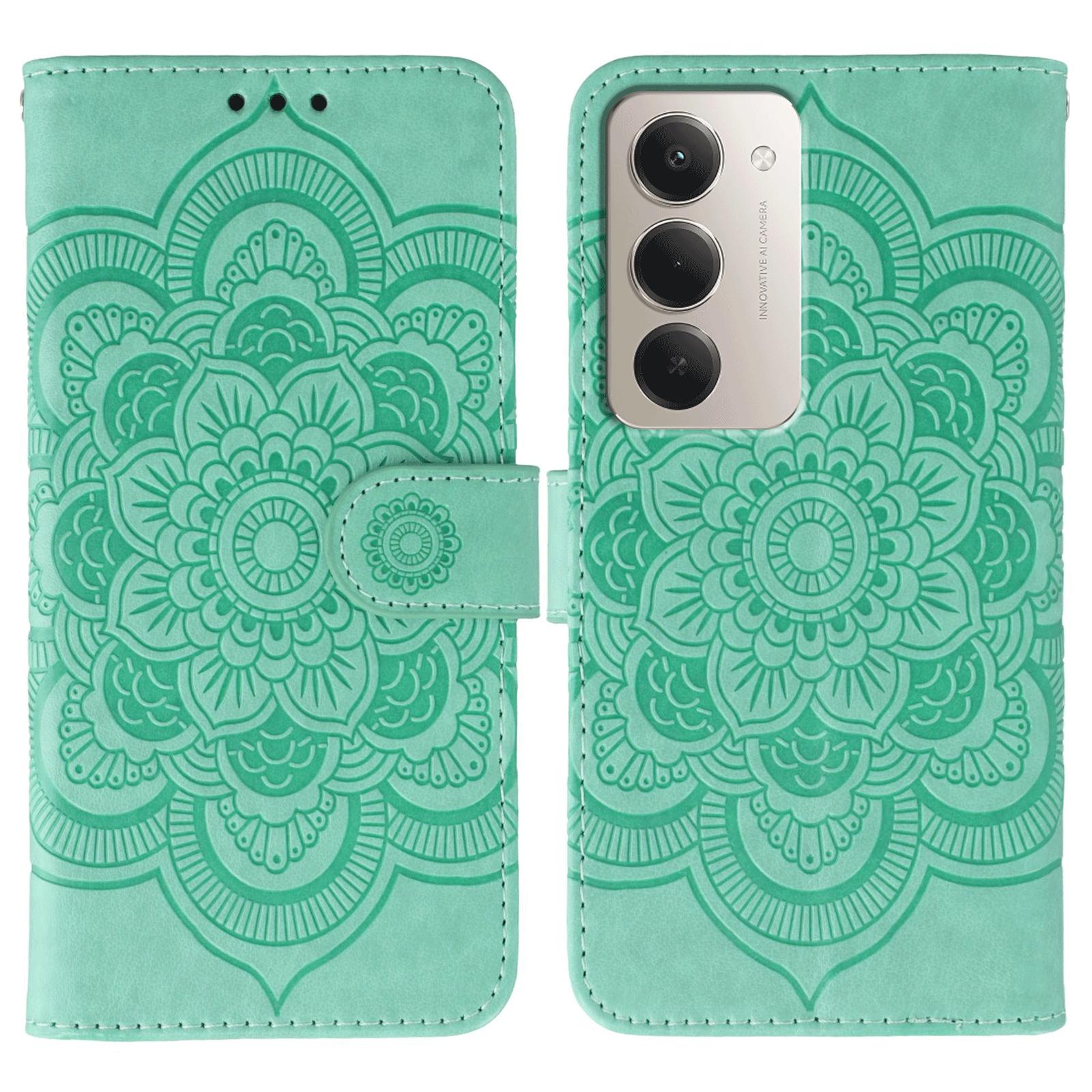 

For Xiaomi Redmi 15 5G Case PU Leather Mandala Imprinted Design Wallet Phone Cover with Wrist Strap Green