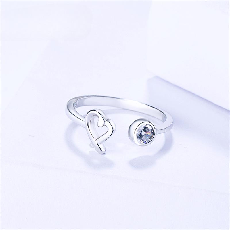 S925 Sterling Silver Heart-Shaped Open Ring Korean Style Sweet Rhinestone Heart-Shaped Female Silver Jewelry