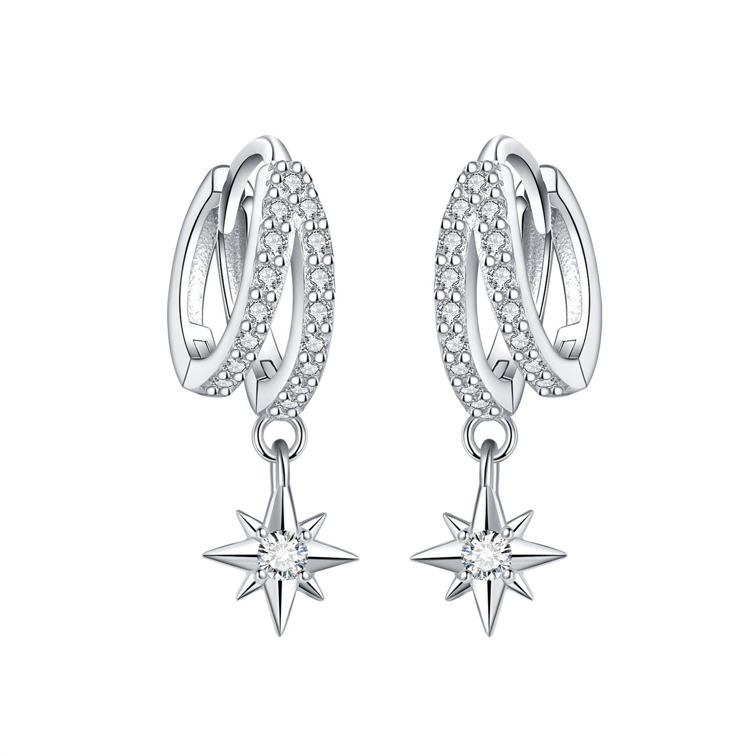 Fashion Jewelry Earrings Versatile Dainty 925 Sterling Silver Star Drop Double Circle Hoop Earring for Women