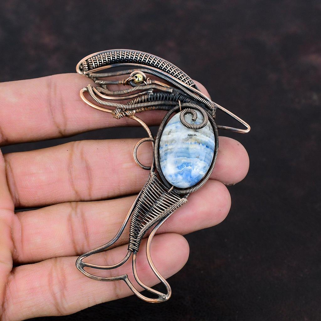 Blue Scheelite Pendant Copper Wire Wrapped Pendant Handmade Gemstone Pendant Copper Jewelry Awesome Fish Pendant Wire Wrap Jewelry For Gift